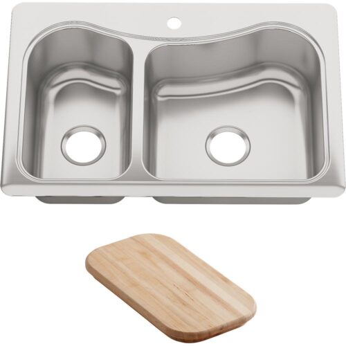 Staccato Drop-In Stainless Steel 33 in. 1-Hole Double Bowl Kitchen Sink with Hardwood Cutting Board