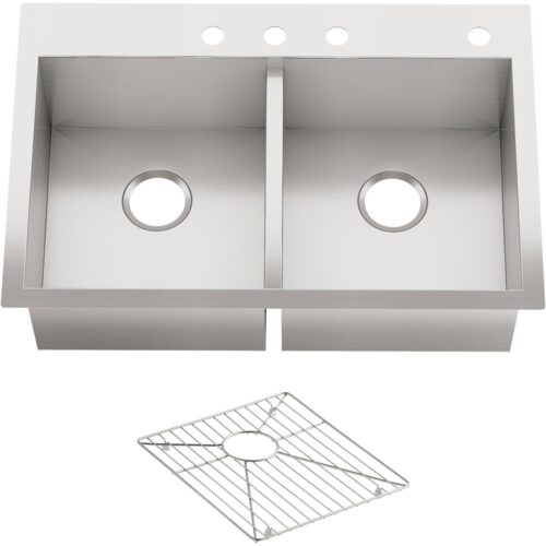 Vault Dual Mount Stainless Steel 33 in. 4-Hole Double Bowl Kitchen Sink with Basin Rack