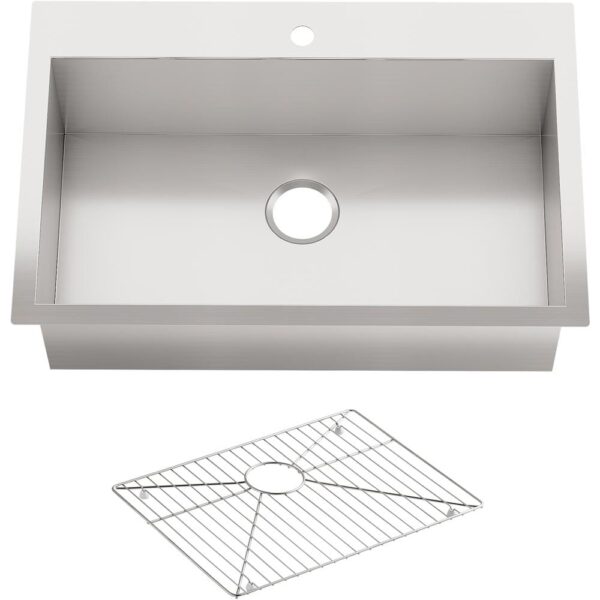 Vault Dual Mount Stainless Steel 33 in. 1-Hole Single Bowl Kitchen Sink with Basin Rack