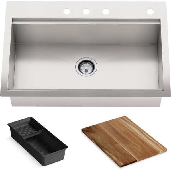 Lyric Dual Mount Workstation Stainless Steel 33 in 4-Hole Single Bowl Kitchen Sink with Integrated Ledge and Accessories