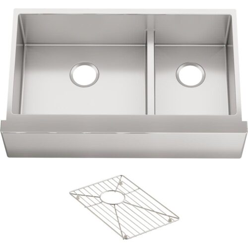 Strive Farmhouse Apron Front Undermount Stainless Steel 36 in. Double Basin Kitchen Sink with Basin Rack