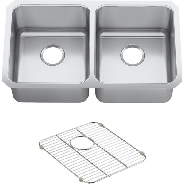 Undertone Preserve Undermount Stainless Steel 32 in. Double Bowl Scratch-Resistant Kitchen Sink Kit with Basin Rack