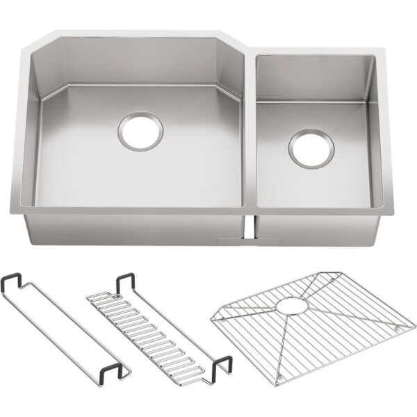 Strive Undermount Stainless Steel 36 in. Double Bowl Kitchen Sink Kit with Bowl Rack