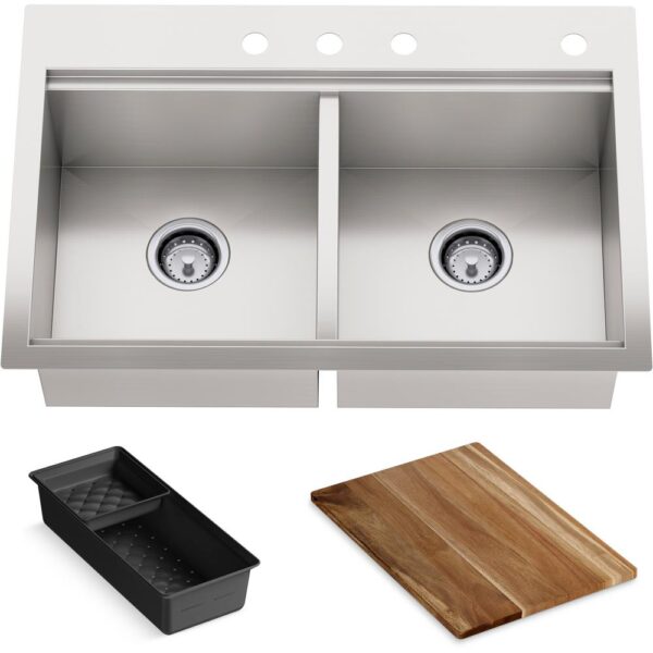 Lyric Dual Mount Workstation Stainless Steel 33 in 4-Hole Double Bowl Kitchen Sink with Integrated Ledge and Accessories