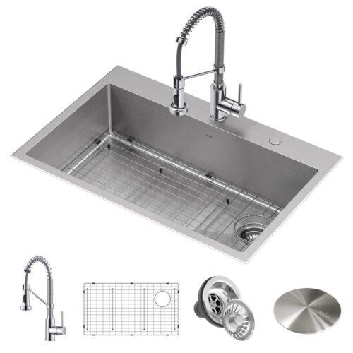 Loften All-in-One Dual Mount Drop-In Stainless Steel 33in. Single Bowl Kitchen Sink with Pull Down Faucet in Chrome