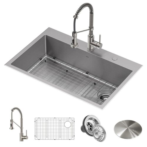 Loften All-in-One Dual Mount Stainless Steel 33in. Single Bowl Kitchen Sink with Pull Down Faucet in Spot Free Stainless