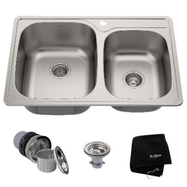 Drop-In Stainless Steel 33 in. 1-Hole 60/40 Double Bowl Kitchen Sink Kit