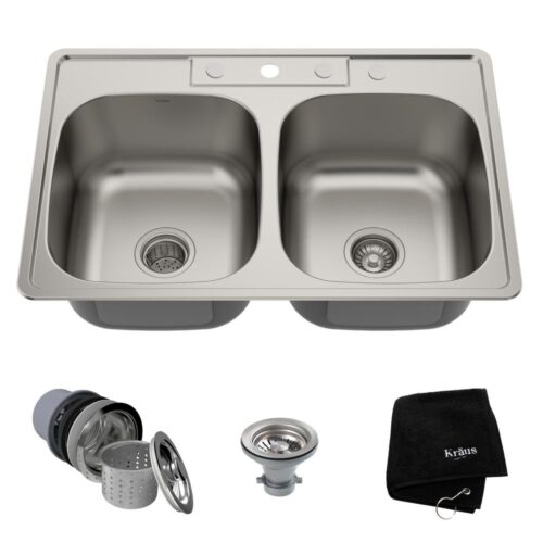 Drop-In Stainless Steel 33 in. 4-Hole Double Bowl Kitchen Sink Kit