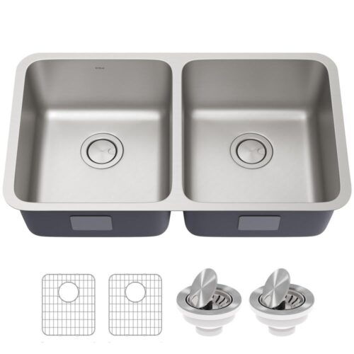 Dex Antibacterial 16-Gauge Stainless Steel 32.87 in. Double Bowl Undermount Kitchen Sink