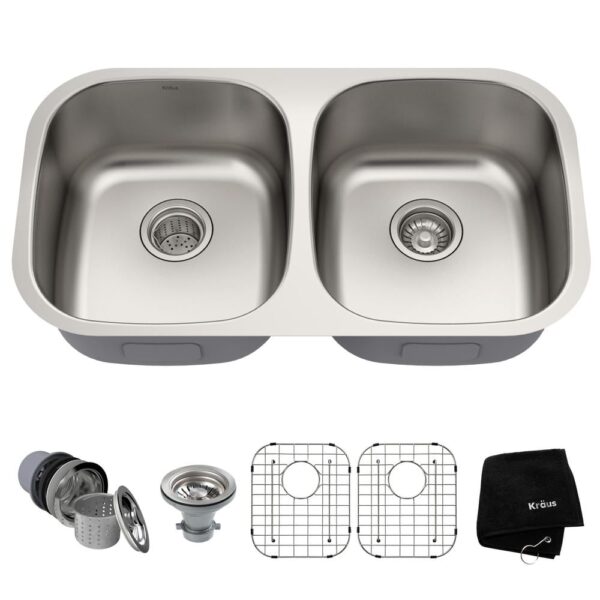 Premier Undermount Stainless Steel 32 in. 50/50 Double Bowl Kitchen Sink