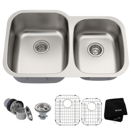 Premier Undermount Stainless Steel 32 in. 60/40 Double Bowl Kitchen Sink