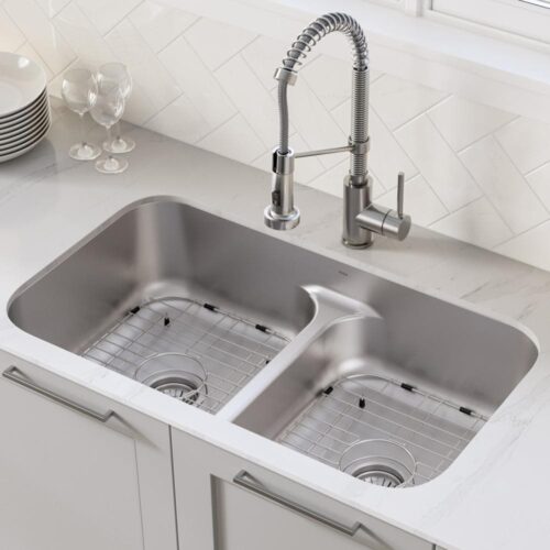 Premier Undermount Stainless Steel 32 in. 16-Gauge 50/50 Double Bowl Kitchen Sink