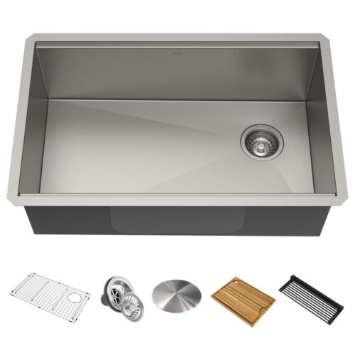 Kore Workstation Undermount Stainless Steel 32 in. Single Bowl Kitchen Sink w/ Integrated Ledge and Accessories