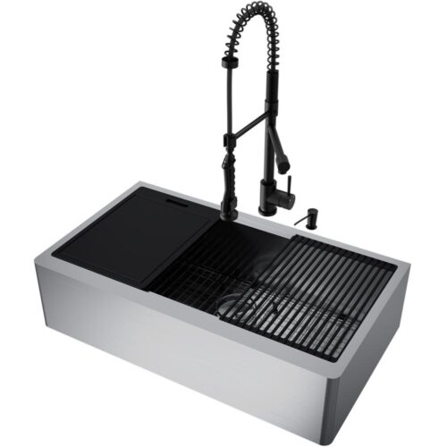 Oxford Stainless Steel 36 in Single Bowl Flat Farmhouse Apron-Front Workstation Kitchen Sink with Faucet and Accessories