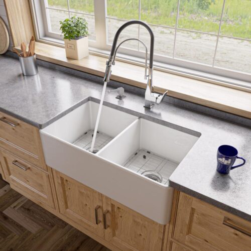 White Fireclay 33 in. Double Bowl Farmhouse Apron Kitchen Sink