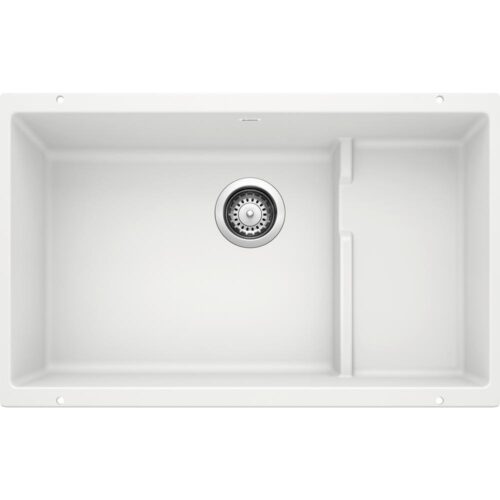 PRECIS CASCADE Undermount Granite Composite 29 in. Single Bowl Kitchen Sink with Mesh Colander in White