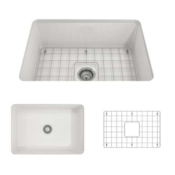 Sotto Undermount Fireclay 27 in. Single Bowl Kitchen Sink with Bottom Grid and Strainer in White