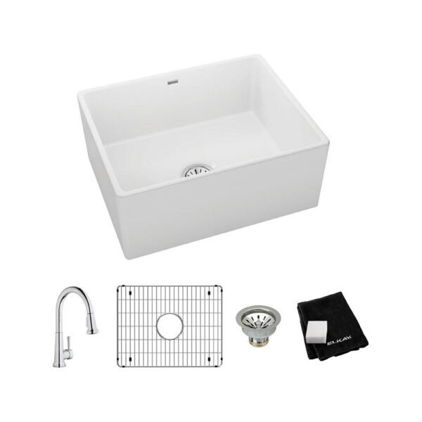 White Fireclay 24-3/8 in. Single Bowl Farmhouse Apron Kitchen Sink Kit with Faucet