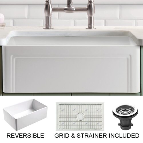 Olde London Farmhouse Fireclay 24 in. Single Bowl Kitchen Sink with Grid with Grid and Strainer