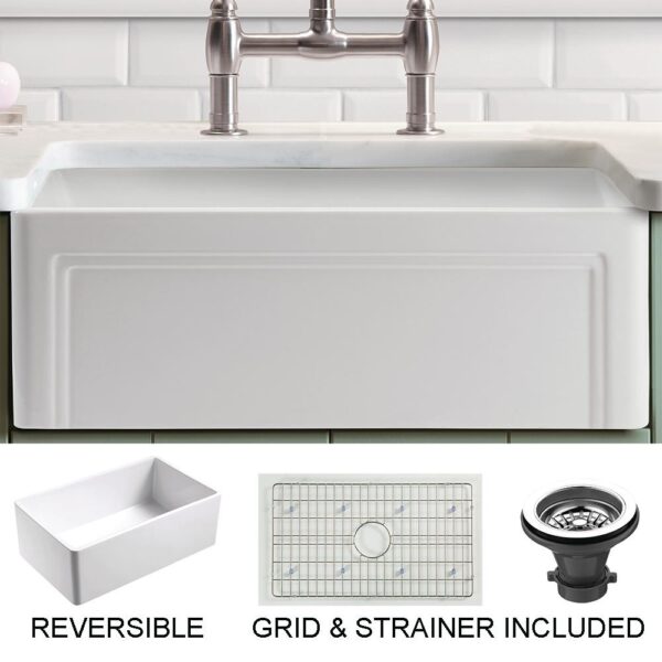 Olde London Farmhouse Fireclay 27 in. Single Bowl Kitchen Sink with Grid with Grid and Strainer