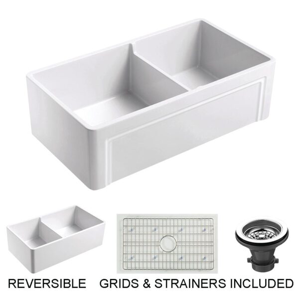 Olde London Farmhouse Fireclay 33 in. 55/45 Double Bowl Kitchen Sink with Grid with Grid and Strainer