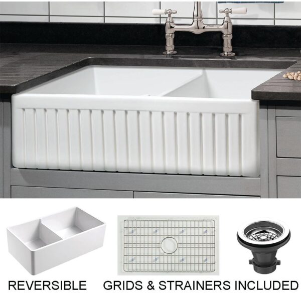 Sutton Place Farmhouse Fireclay 33 in. 55/45 Double Bowl Kitchen Sink with Grid with Grid and Strainer