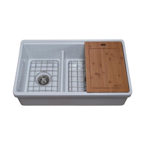 Tosca Farmhouse Fireclay 33 in. 60/40 Double Bowl Kitchen Sink in White with Cutting-Board