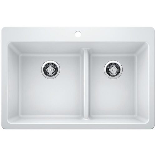 Drop-in/Undermount Granite Composite 33 in. 1-Hole 60/40 Double Bowl Kitchen Sink with Low Divide in White