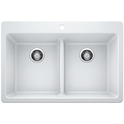 Drop-in/Undermount Granite Composite 33 in. 1-Hole 50/50 Double Bowl Kitchen Sink with Low Divide White