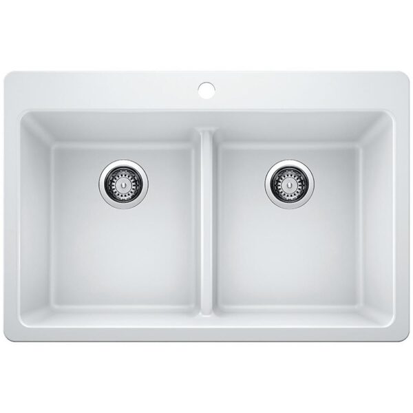 Drop-in/Undermount Granite Composite 33 in. 1-Hole 50/50 Double Bowl Kitchen Sink with Low Divide White