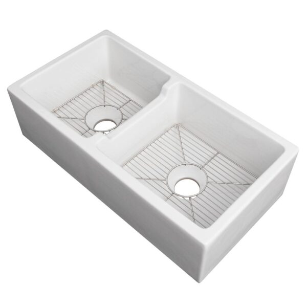 ZLINE Fireclay 36 in. Reversible Double Bowl Sink Farmhouse in White Gloss with Bottom Grid