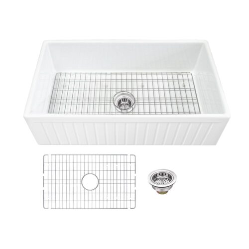 Farmhouse Apron Front Fireclay 33 in. Fluted Single Bowl Kitchen Sink in White with Grid and Strainer