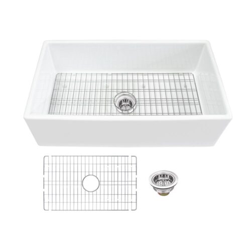 Farmhouse Apron Front Fireclay 33 in. Single Bowl Kitchen Sink in White with Grid and Strainer