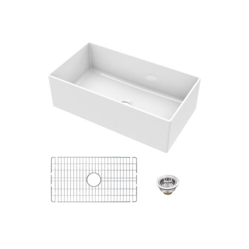 Super Slim Fireclay 33 in. Single Bowl Apron-Front Farmhouse Kitchen Sink with Grid and Drain Assembly