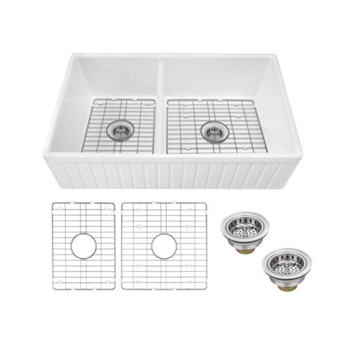 Fireclay 33 in. Double Bowl Apron-Front Farmhouse Kitchen Sink with Grid Set and Drain Assemblies