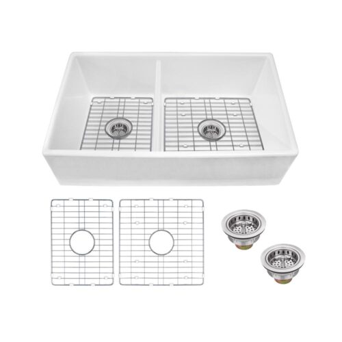 Farmhouse Apron Front Fireclay 33 in. 40/60 Double Bowl Kitchen Sink in White with Grids and Strainers