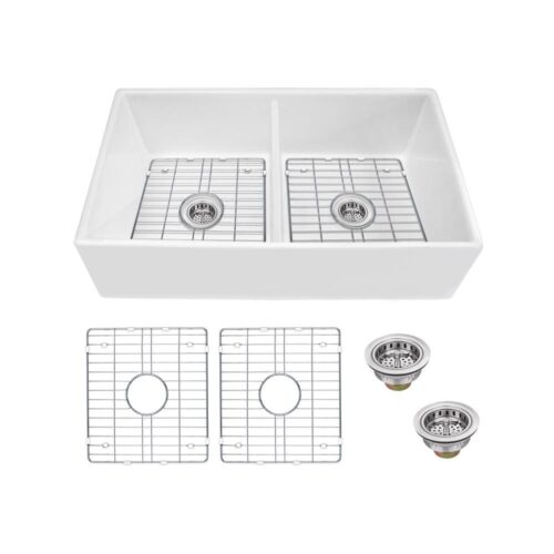 Farmhouse Apron Front Fireclay 33 in. 50/50 Double Bowl Kitchen Sink in White with Grids and Strainers