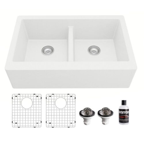 QA-750 Quartz/Granite 34 in. Double Bowl 50/50 Farmhouse/Apron Front Kitchen Sink in White with Grid and Strainer