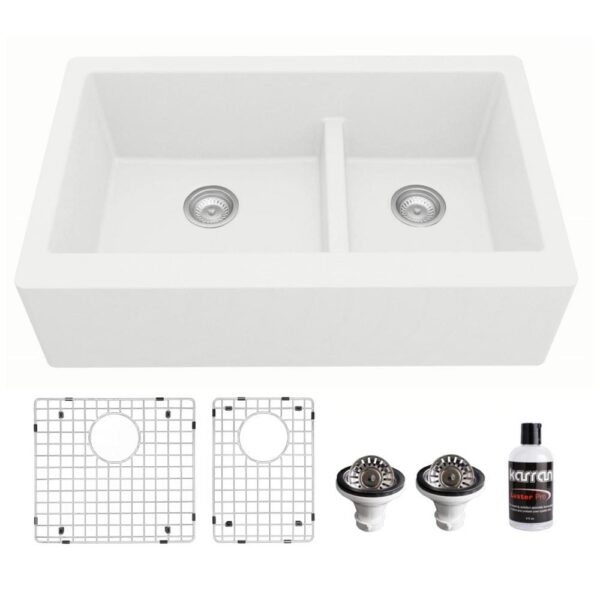 QA-760 Quartz/Granite 34 in. Double Bowl 60/40 Farmhouse/Apron Front Kitchen Sink in White with Grid and Strainer