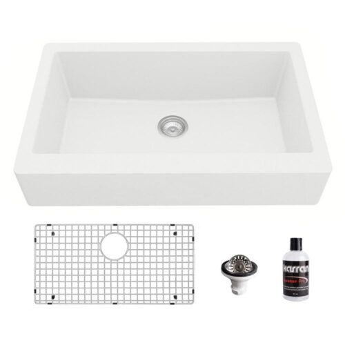 QAR-740 Quartz/Granite 34 in. Single Bowl Retrofit Farmhouse/Apron Front Kitchen Sink in White with Grid and Strainer