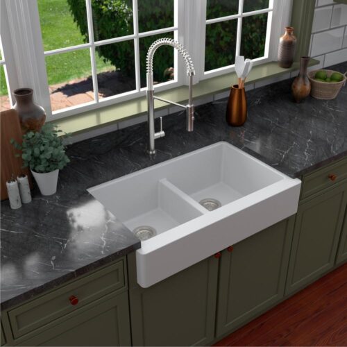 Retrofit Farmhouse Apron Front Quartz Composite 34 in. Double Bowl Kitchen Sink in White