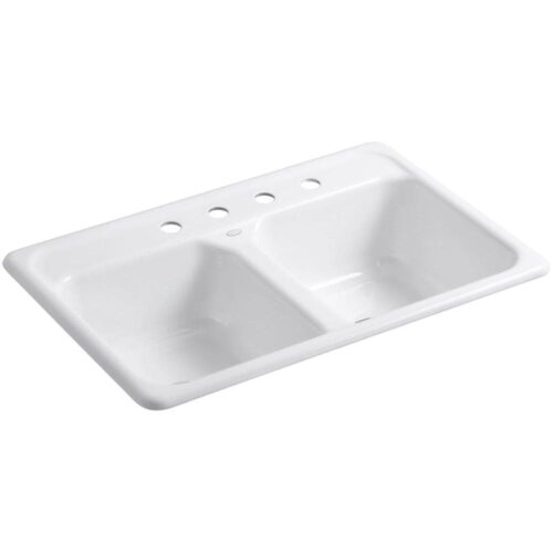 Delafield Drop-In Cast Iron 33 in. 4-Hole Double Bowl Kitchen Sink in White