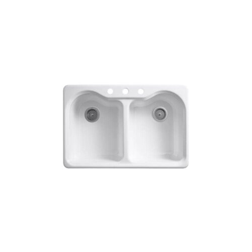 Hartland Drop-In Cast Iron 33 in. 3-Hole Double Bowl Kitchen Sink in White