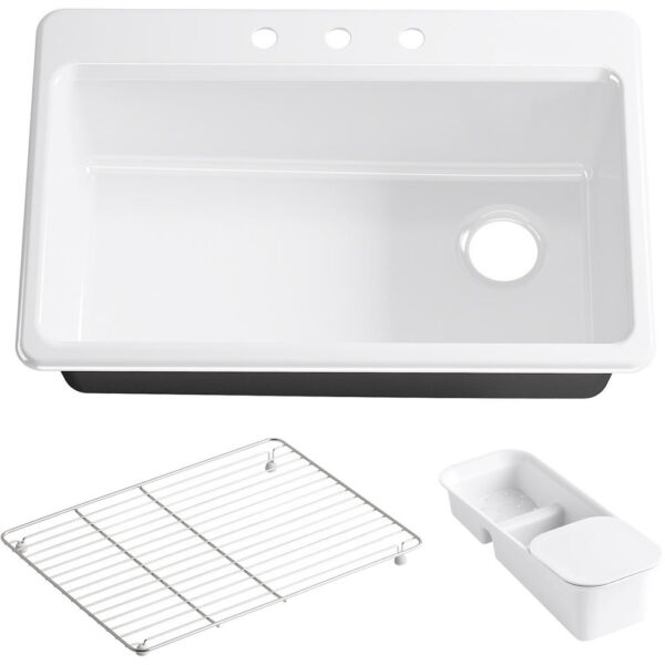 Riverby Drop-In Cast Iron 33 in. 3-Hole Single Bowl Kitchen Sink Kit with Accessories in White