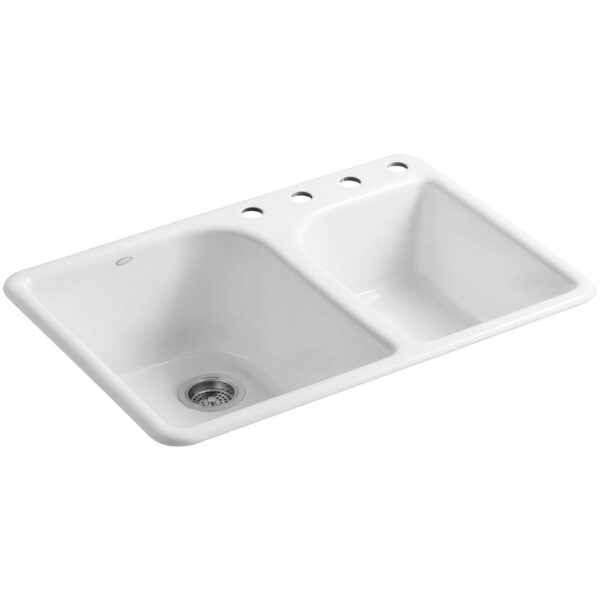 Executive Chef Drop-In Cast Iron 33 in. 4-Hole Double Bowl Kitchen Sink in White