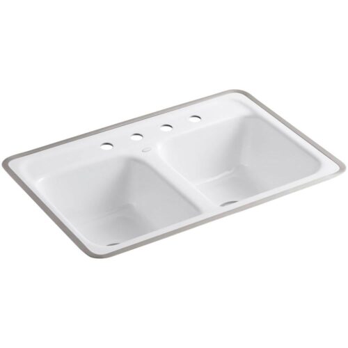 Delafield Tile-In Cast Iron 32 in. 4-Hole Double Bowl Kitchen Sink in White