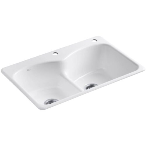 Langlade Smart Divide Drop-In Cast Iron 33 in. 2-Hole Double Bowl Kitchen Sink in White