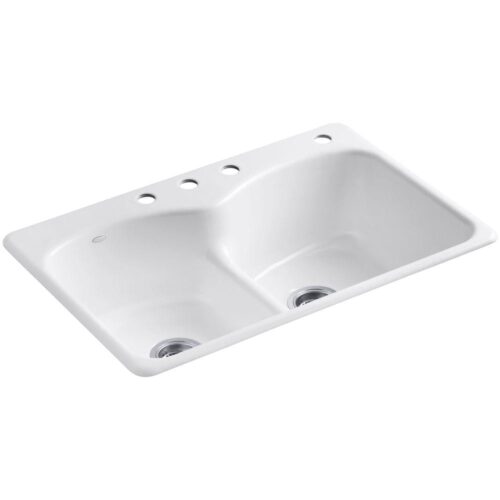 Langlade Smart Divide Drop-In Cast Iron 33 in. 4-Hole Double Bowl Kitchen Sink in White