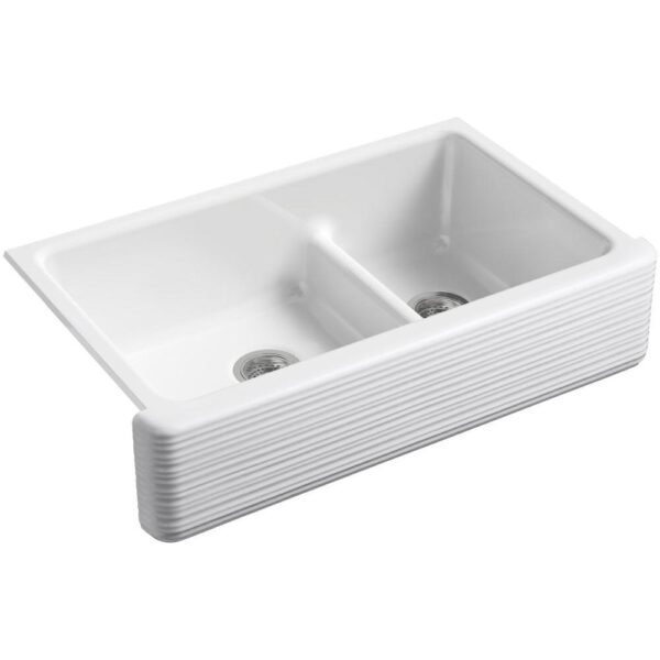 Whitehaven Undermount Farmhouse Apron Front Cast Iron 36 in. Double Bowl Smart Divide Kitchen Sink White Hayridge Design