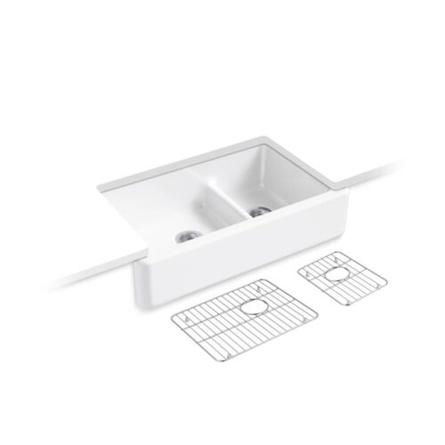 Whitehaven SmartDivide Undermount Farmhouse Tall Apron Front 36 in. Double Bowl Kitchen Sink White with Basin Racks